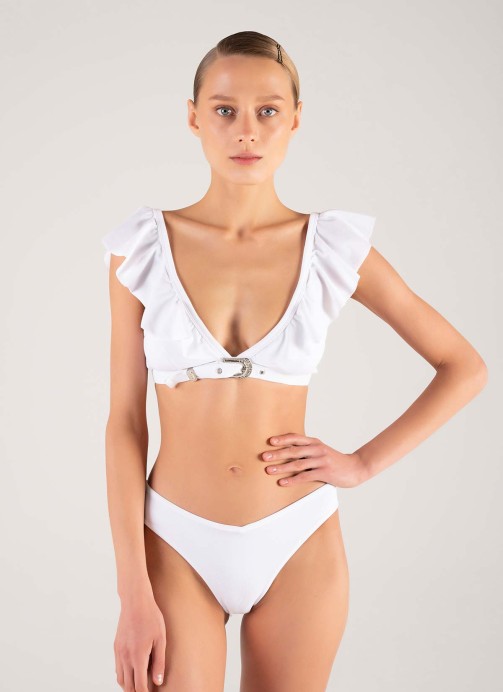 Beyaz Kemer Tokalı Volanlı Bikini Takımı