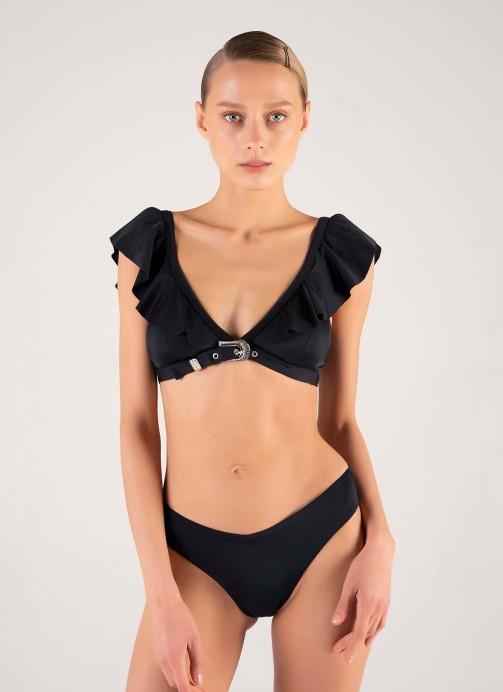 Siyah Kemer Tokalı Volanlı Bikini Takımı