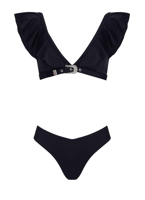 Siyah Kemer Tokalı Volanlı Bikini Takımı