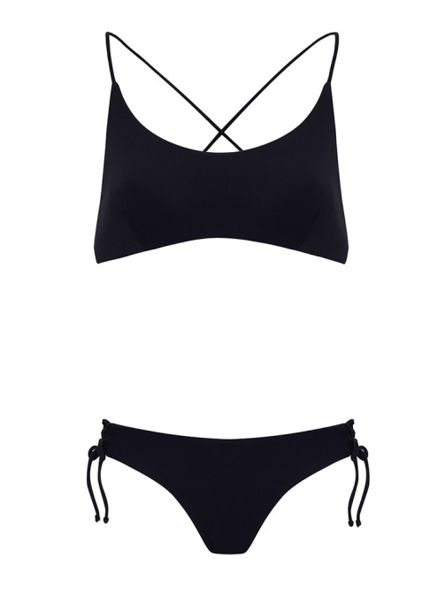 Straplez Siyah Bağcıklı Bikini Takımı