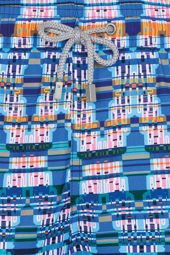 Lacivert Batik Desenli Bağcıklı Şort Mayo